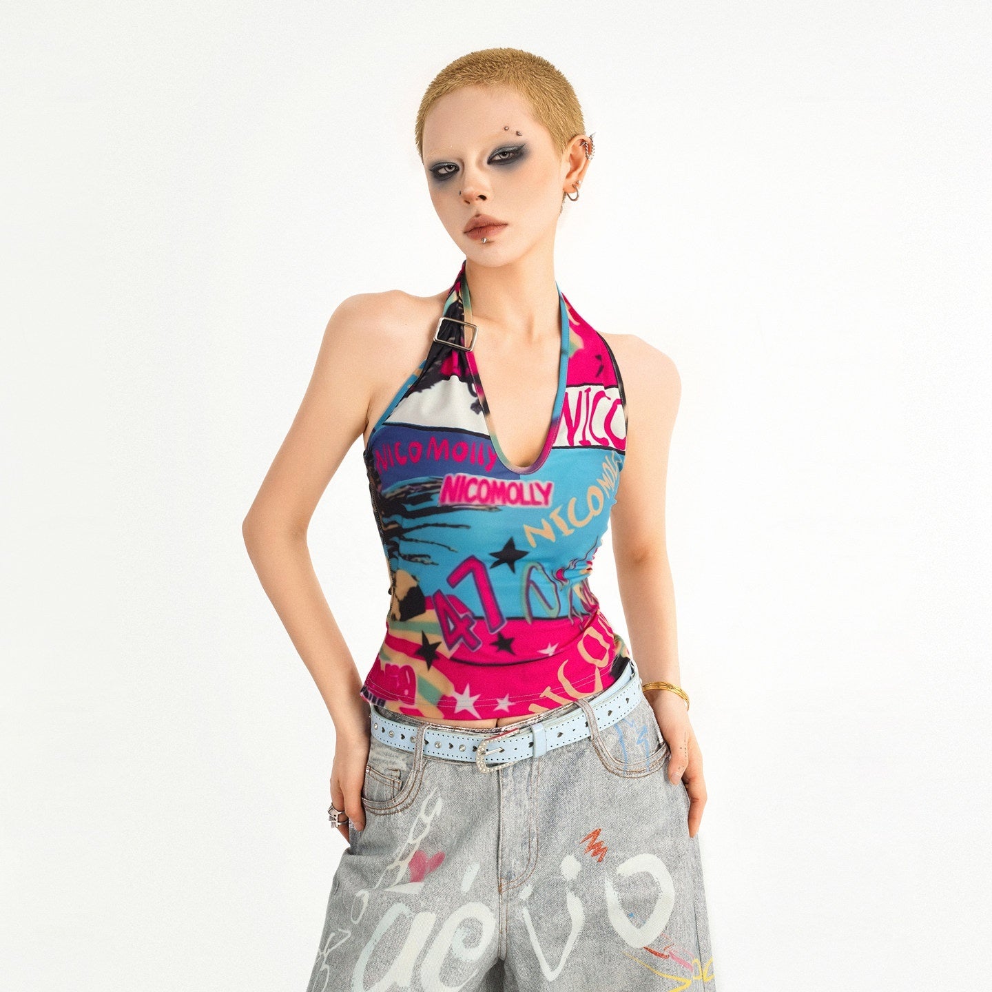 Nico_Molly_Graffiti_Letter_Print_Halter_Tie_Back_V-neck_Women's_Tank_Tops_1043711690885_MISSTT