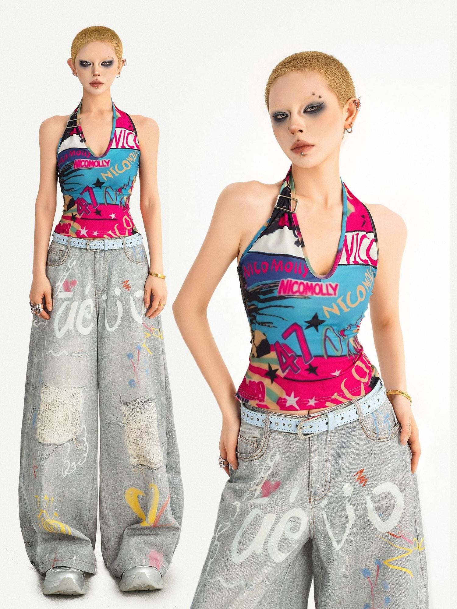 Nico Molly Graffiti Letter Print Halter Tie Back V-neck Women's Tank Tops