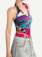 Nico Molly Graffiti Letter Print Halter Tie Back V-neck Women's Tank Tops