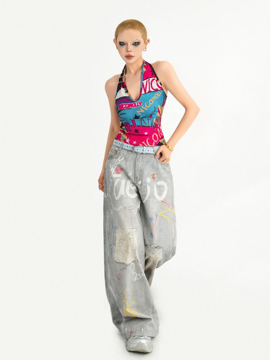 Nico Molly Graffiti Letter Print Halter Tie Back V-neck Women's Tank Tops
