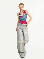 Nico Molly Graffiti Letter Print Halter Tie Back V-neck Women's Tank Tops