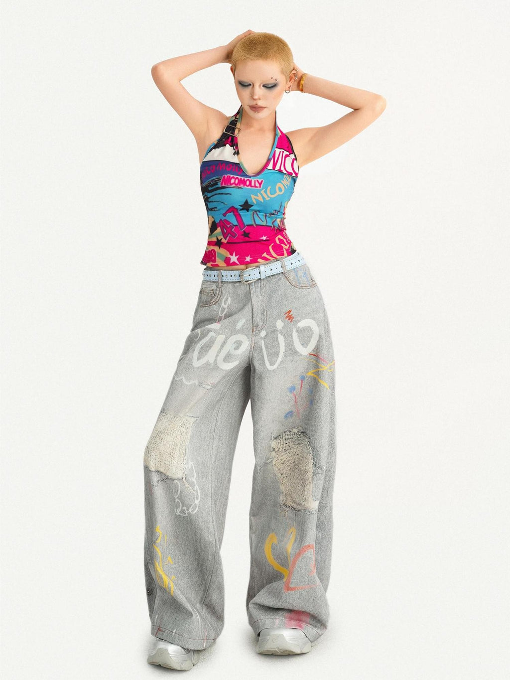 Nico Molly Graffiti Letter Print Halter Tie Back V-neck Women's Tank Tops