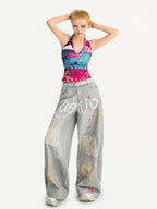 Nico Molly Graffiti Letter Print Halter Tie Back V-neck Women's Tank Tops