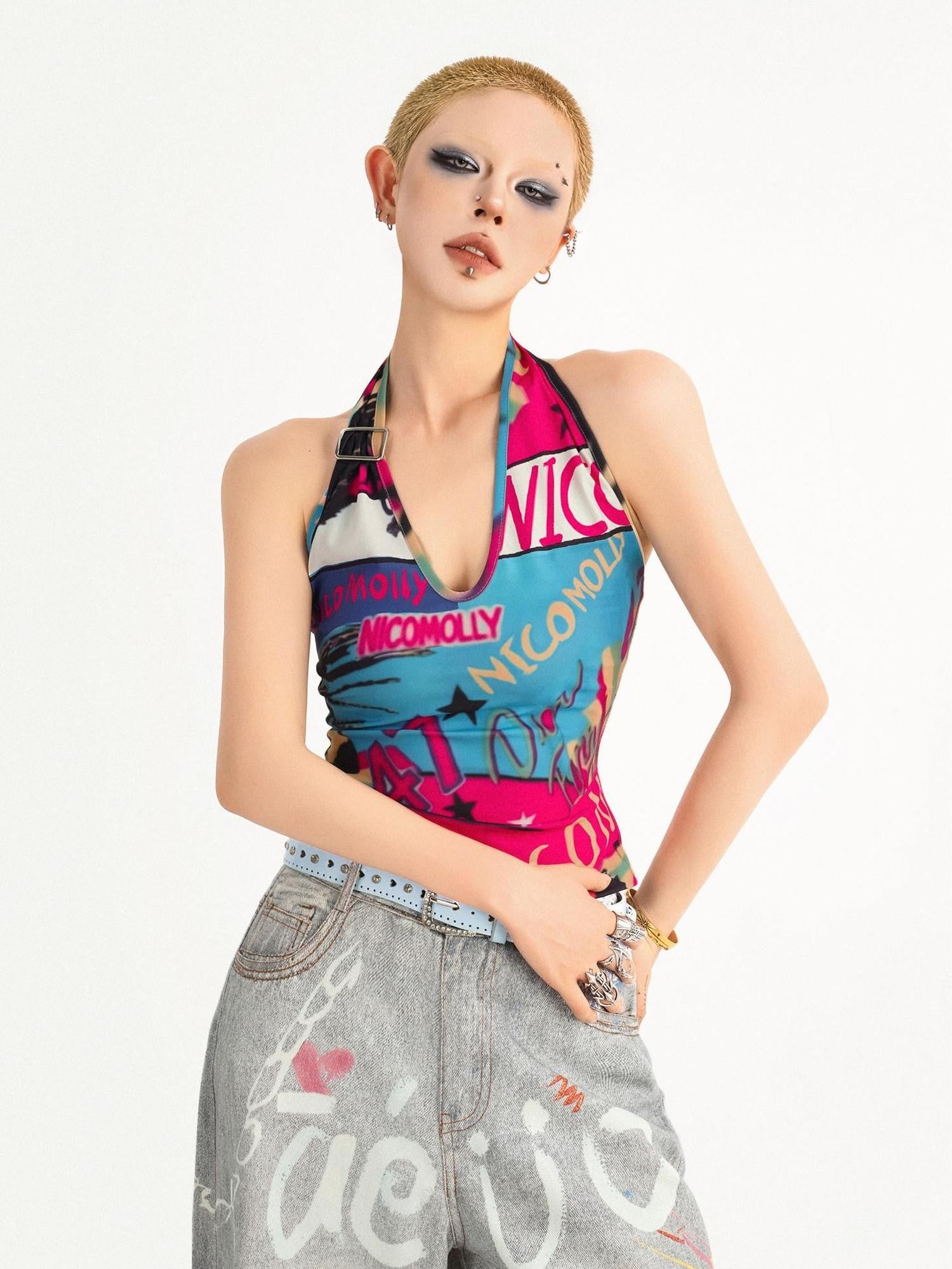 Nico Molly Graffiti Letter Print Halter Tie Back V-neck Women's Tank Tops