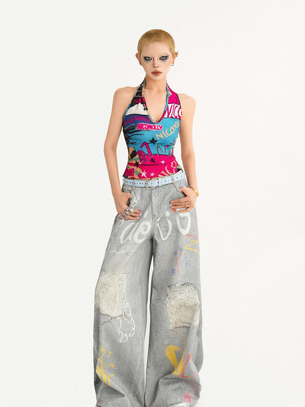 Nico Molly Graffiti Letter Print Halter Tie Back V-neck Women's Tank Tops