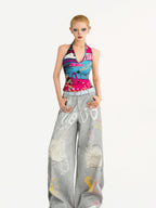 Nico Molly Graffiti Letter Print Halter Tie Back V-neck Women's Tank Tops