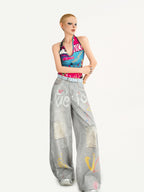 Nico Molly Graffiti Letter Print Halter Tie Back V-neck Women's Tank Tops