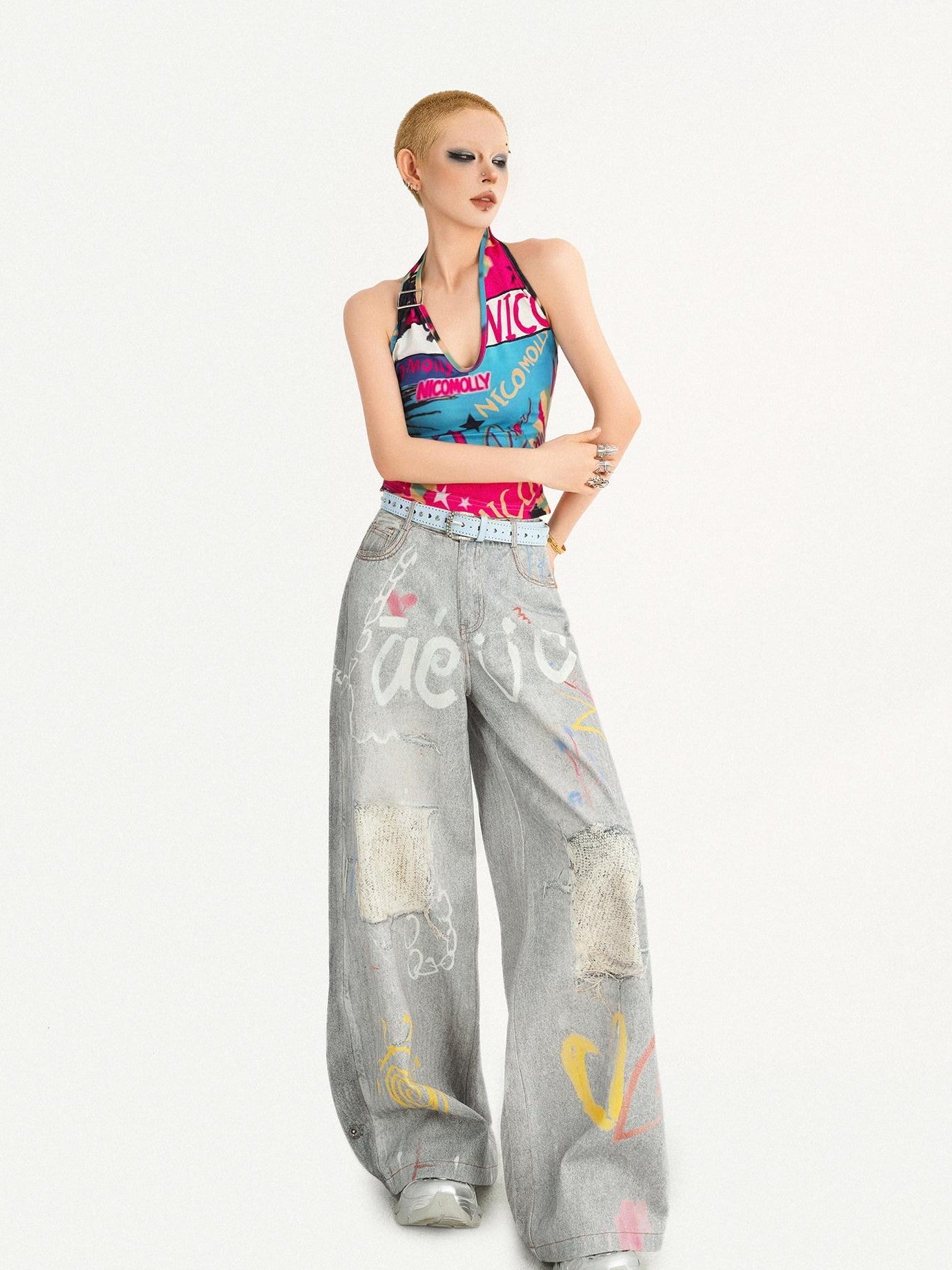 Nico Molly Graffiti Letter Print Halter Tie Back V-neck Women's Tank Tops