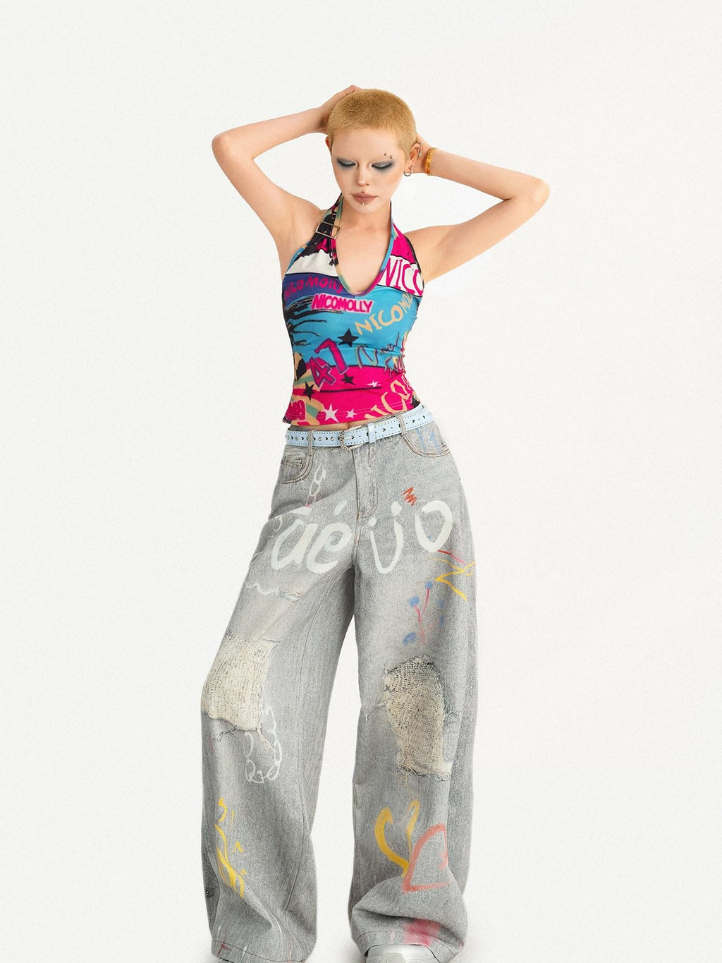 Nico Molly Graffiti Letter Print Halter Tie Back V-neck Women's Tank Tops