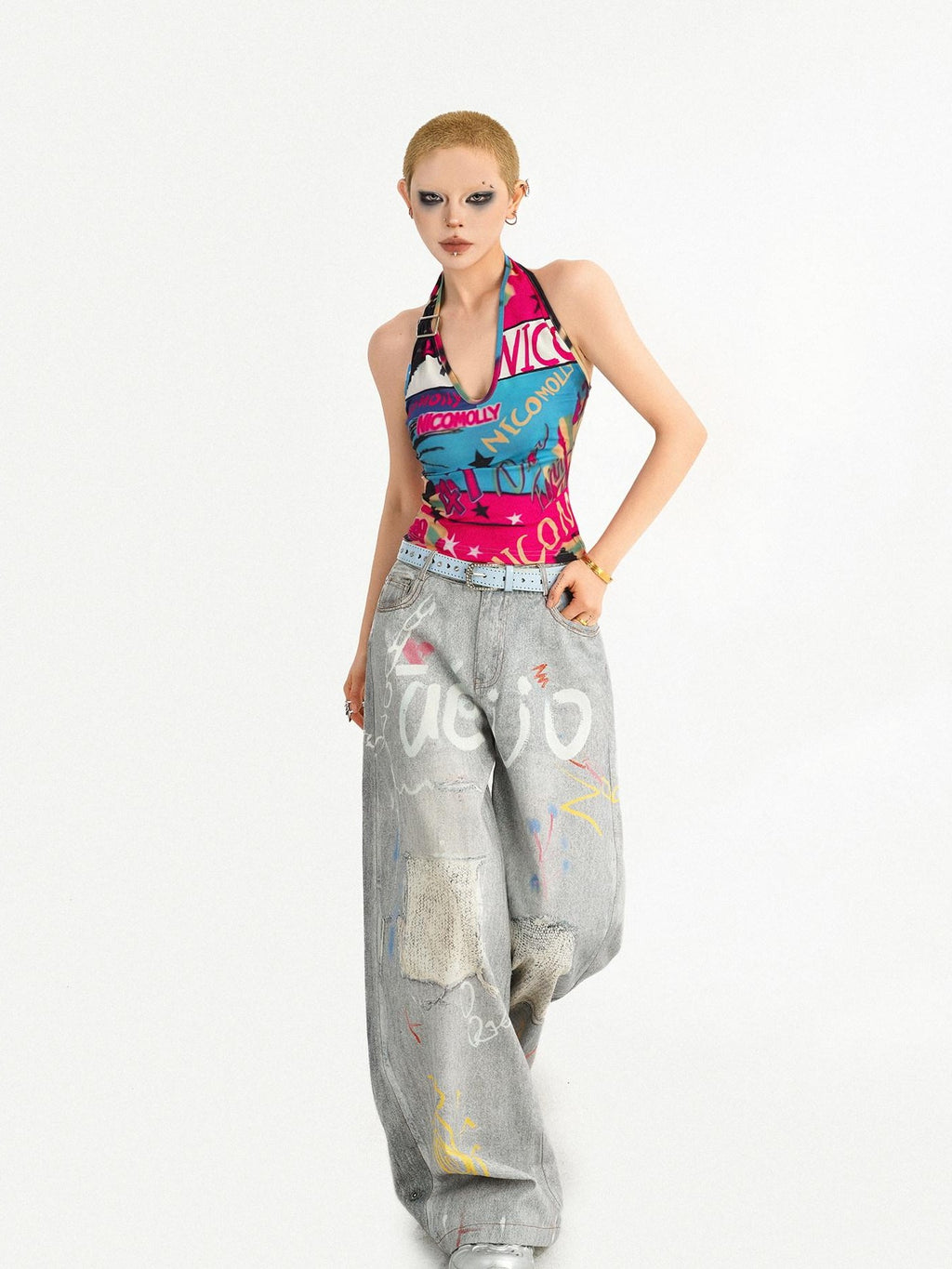 Nico Molly Graffiti Letter Print Halter Tie Back V-neck Women's Tank Tops