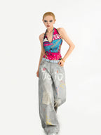 Nico Molly Graffiti Letter Print Halter Tie Back V-neck Women's Tank Tops