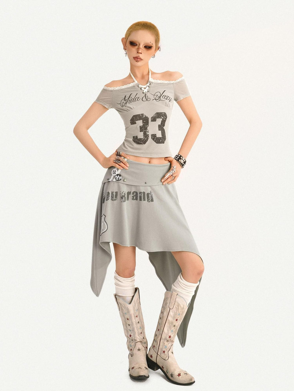 Nico Molly Gray Printed Off Shoulder Halter Tie Cropped Slim Women's Short Sleeve T-shirts