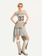Nico Molly Gray Printed Off Shoulder Halter Tie Cropped Slim Women's Short Sleeve T-shirts