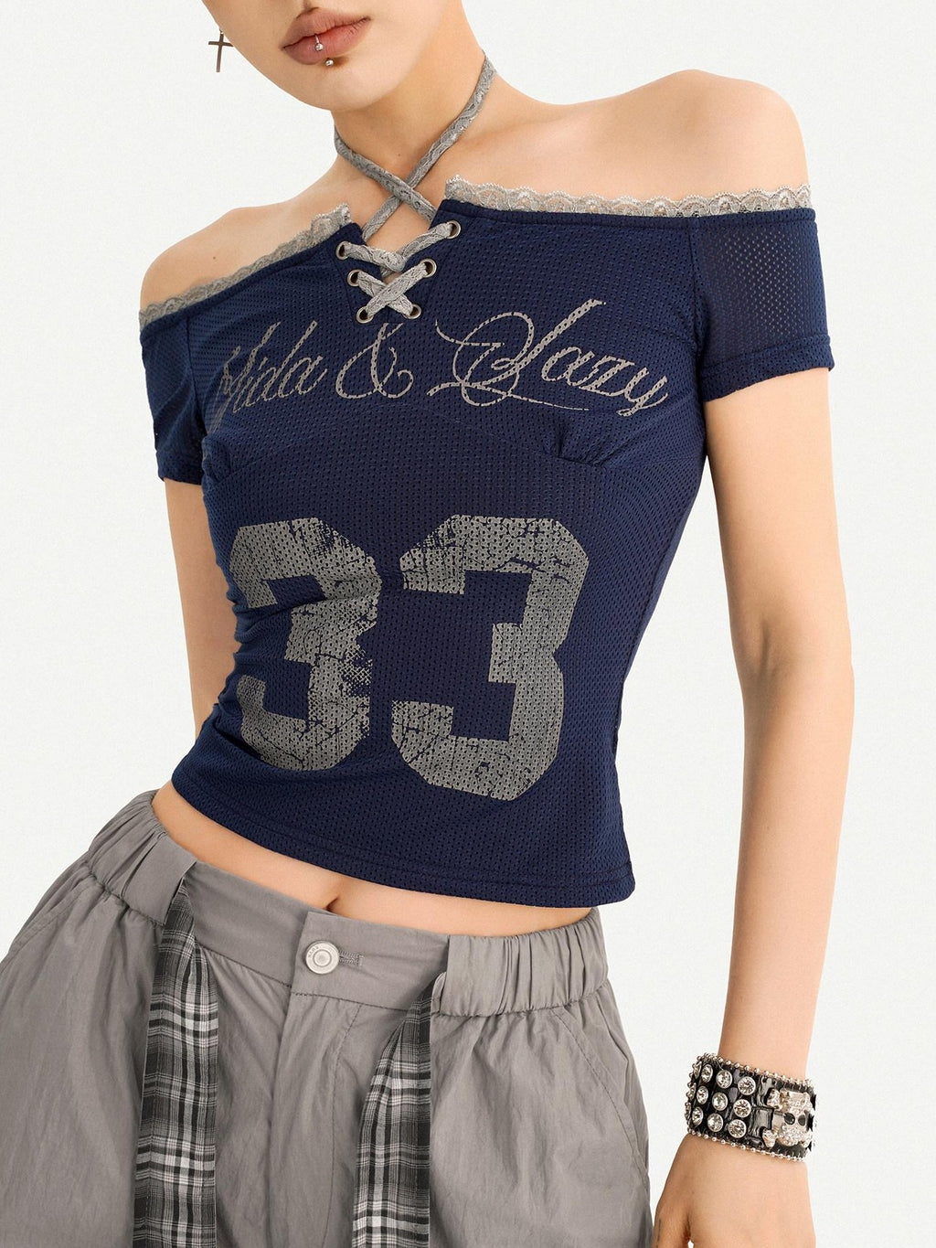 Nico Molly Gray Printed Off Shoulder Halter Tie Cropped Slim Women's Short Sleeve T-shirts