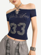 Nico Molly Gray Printed Off Shoulder Halter Tie Cropped Slim Women's Short Sleeve T-shirts