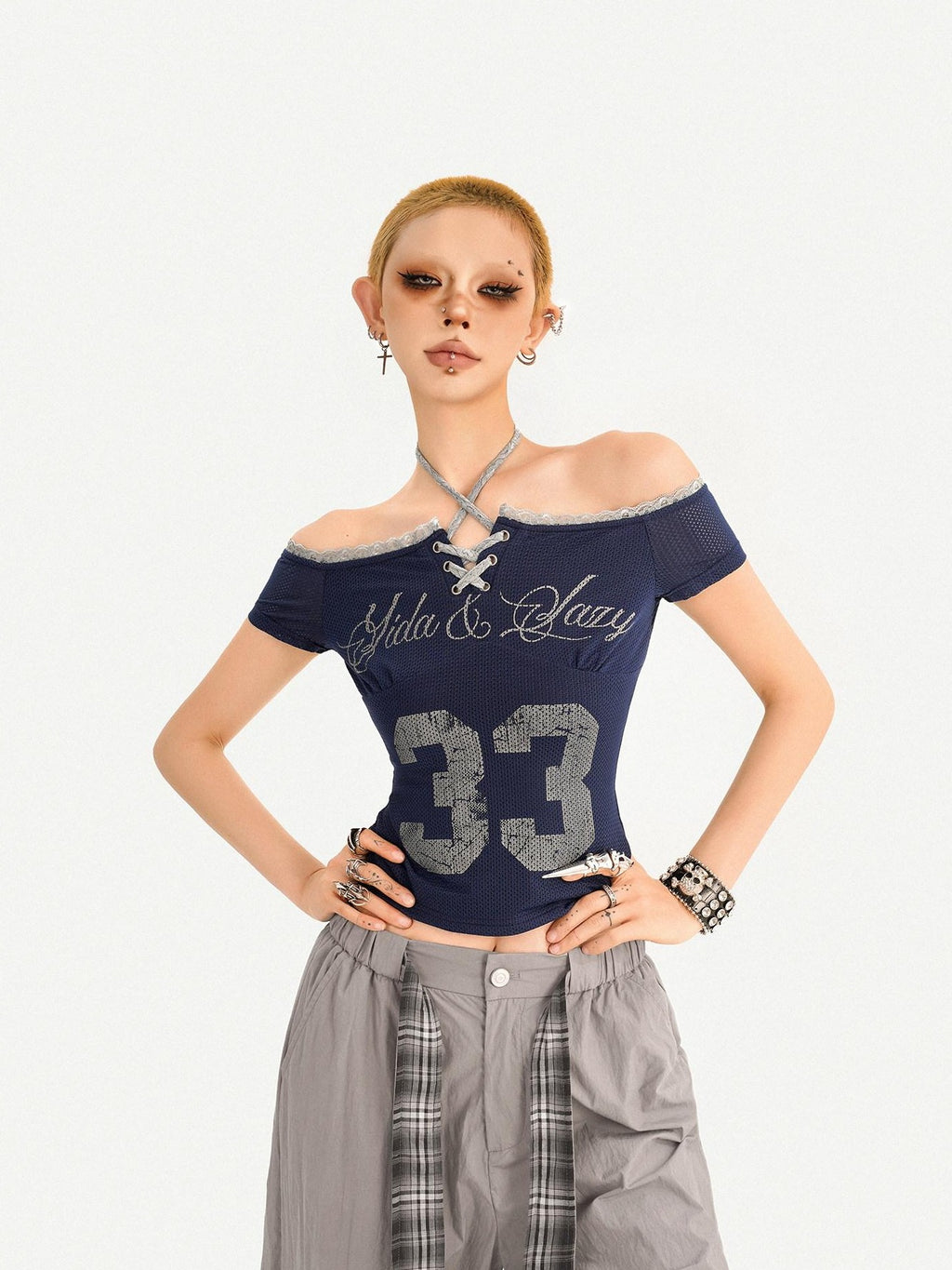 Nico Molly Gray Printed Off Shoulder Halter Tie Cropped Slim Women's Short Sleeve T-shirts