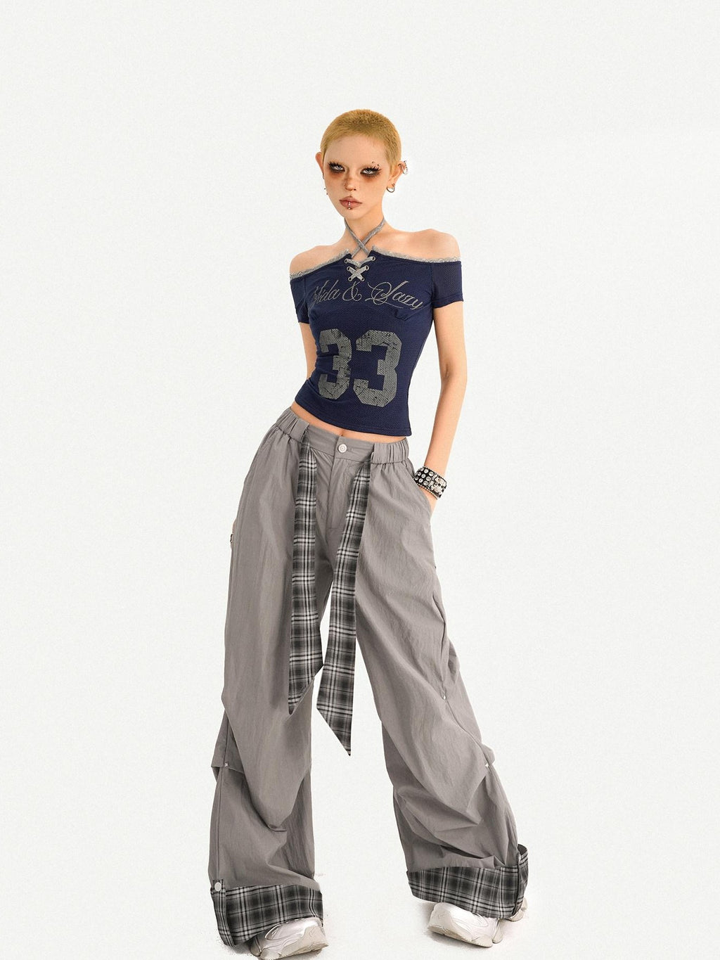 Nico Molly Gray Printed Off Shoulder Halter Tie Cropped Slim Women's Short Sleeve T-shirts