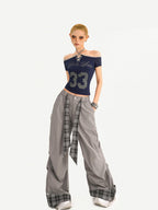 Nico Molly Gray Printed Off Shoulder Halter Tie Cropped Slim Women's Short Sleeve T-shirts