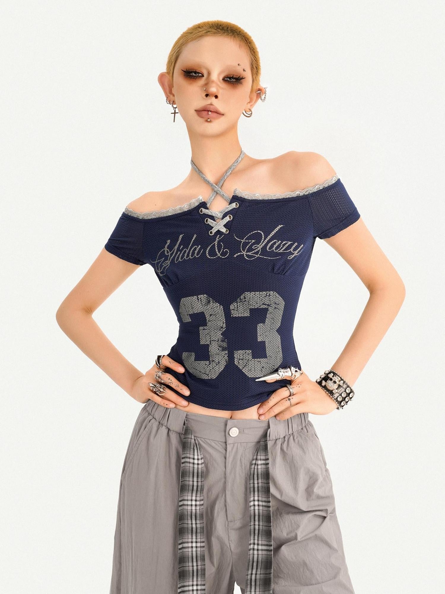 Nico Molly Gray Printed Off Shoulder Halter Tie Cropped Slim Women's Short Sleeve T-shirts
