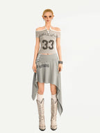 Nico Molly Gray Printed Off Shoulder Halter Tie Cropped Slim Women's Short Sleeve T-shirts