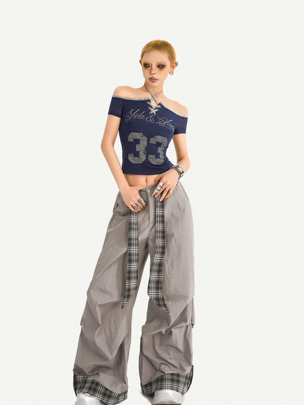 Nico Molly Gray Printed Off Shoulder Halter Tie Cropped Slim Women's Short Sleeve T-shirts