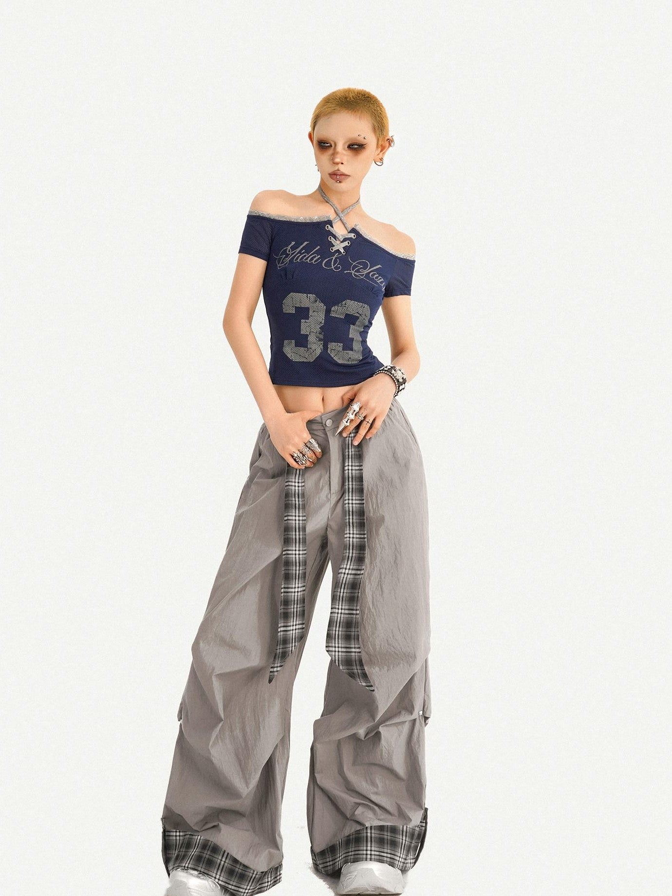 Nico Molly Gray Printed Off Shoulder Halter Tie Cropped Slim Women's Short Sleeve T-shirts