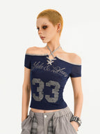 Nico Molly Gray Printed Off Shoulder Halter Tie Cropped Slim Women's Short Sleeve T-shirts