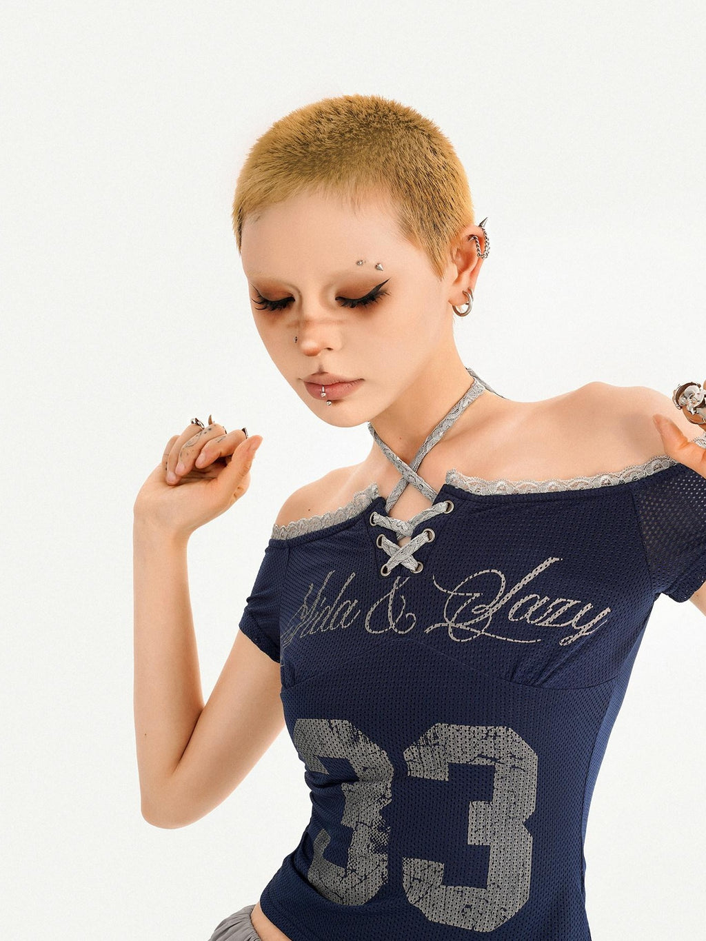 Nico Molly Gray Printed Off Shoulder Halter Tie Cropped Slim Women's Short Sleeve T-shirts