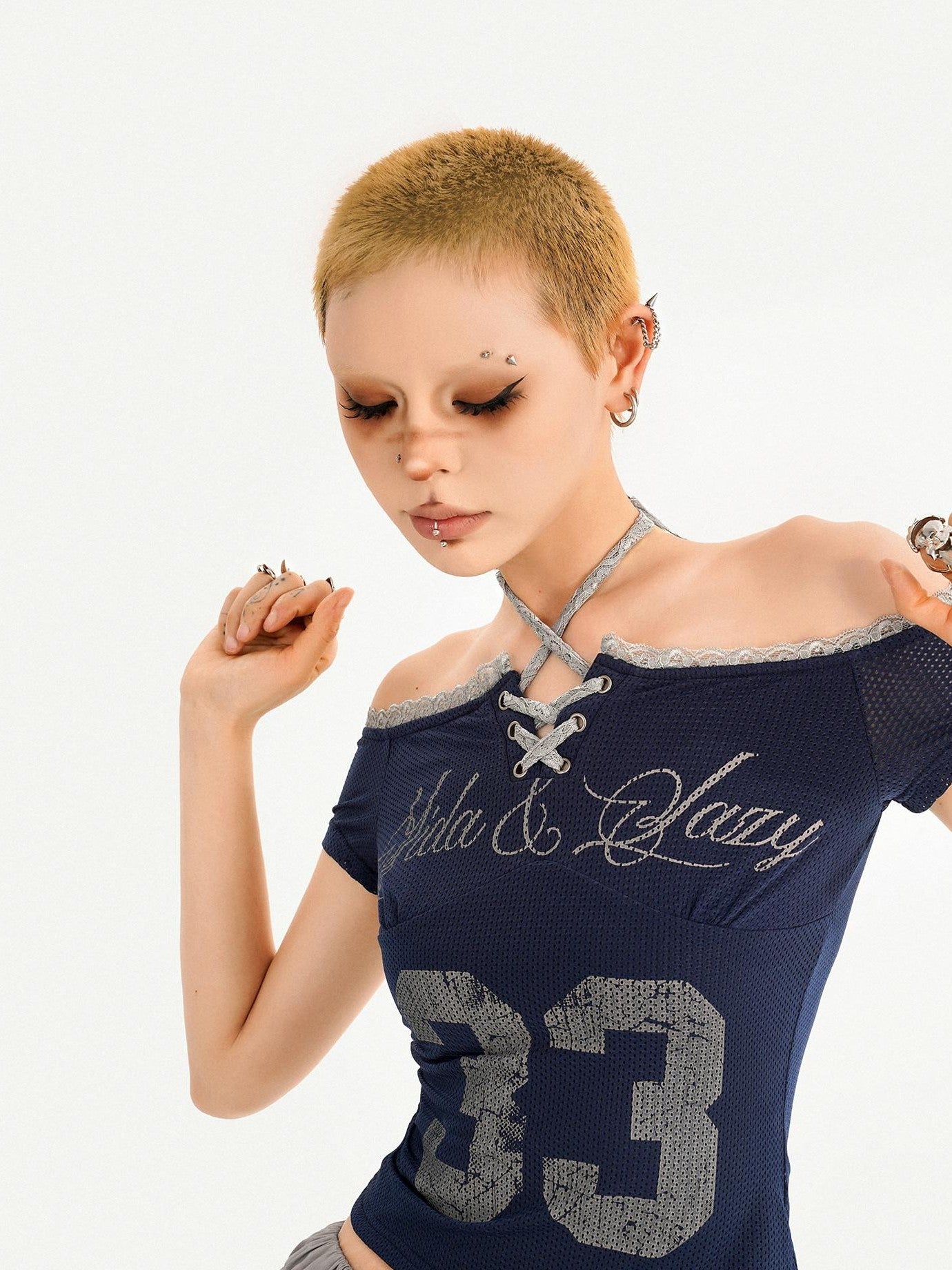 Nico Molly Gray Printed Off Shoulder Halter Tie Cropped Slim Women's Short Sleeve T-shirts