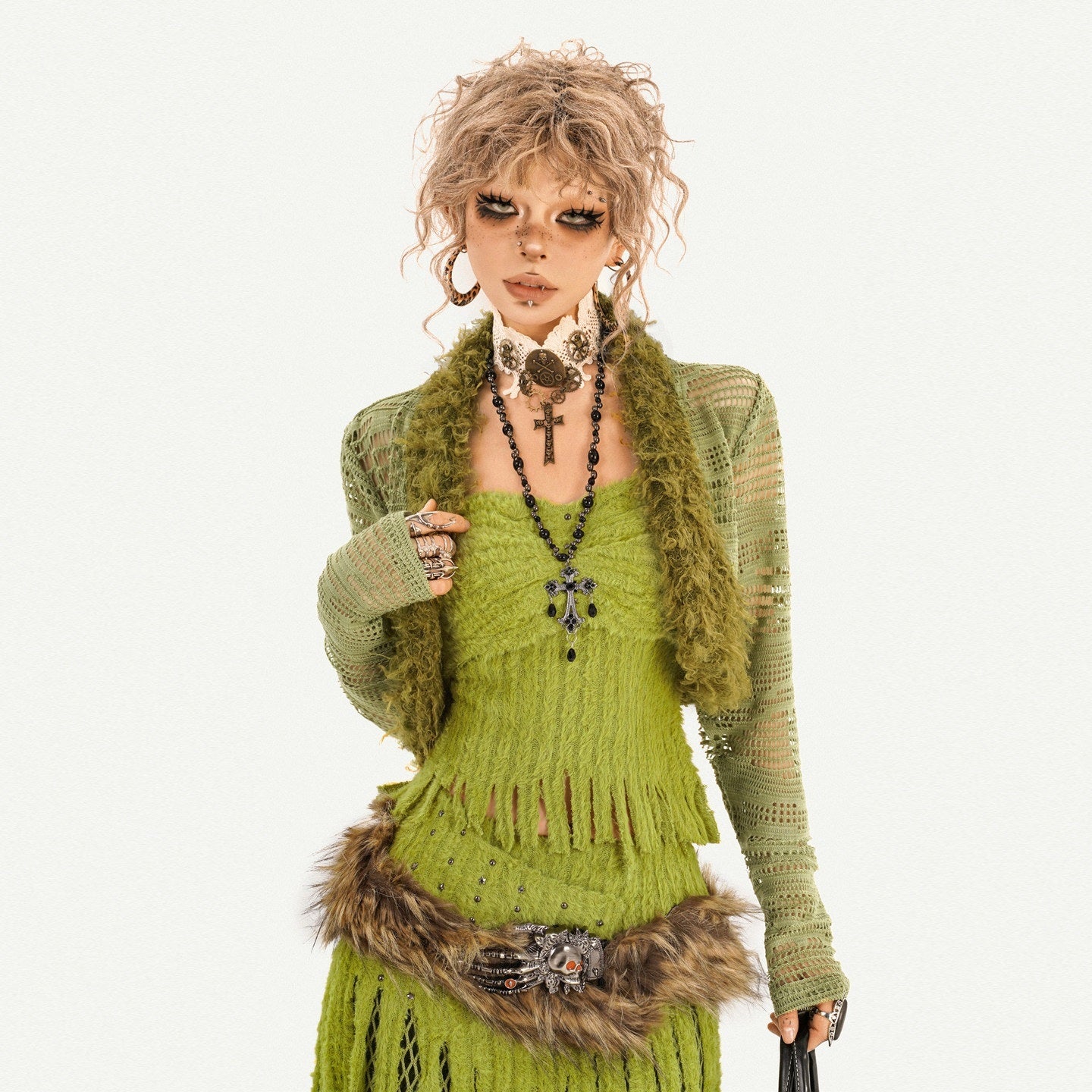Nico_Molly_Green_Patchwork_Mesh_Fringe_Plush_Bustier_Long_Sleeve_Women's_Top_&_Skirt_Sets_1000053432633_MISSTT