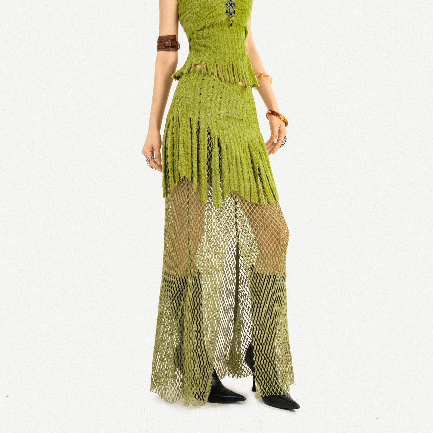 Nico_Molly_Green_Patchwork_Mesh_Fringe_Plush_Bustier_Long_Sleeve_Women's_Top_&_Skirt_Sets_1000053432633_MISSTT