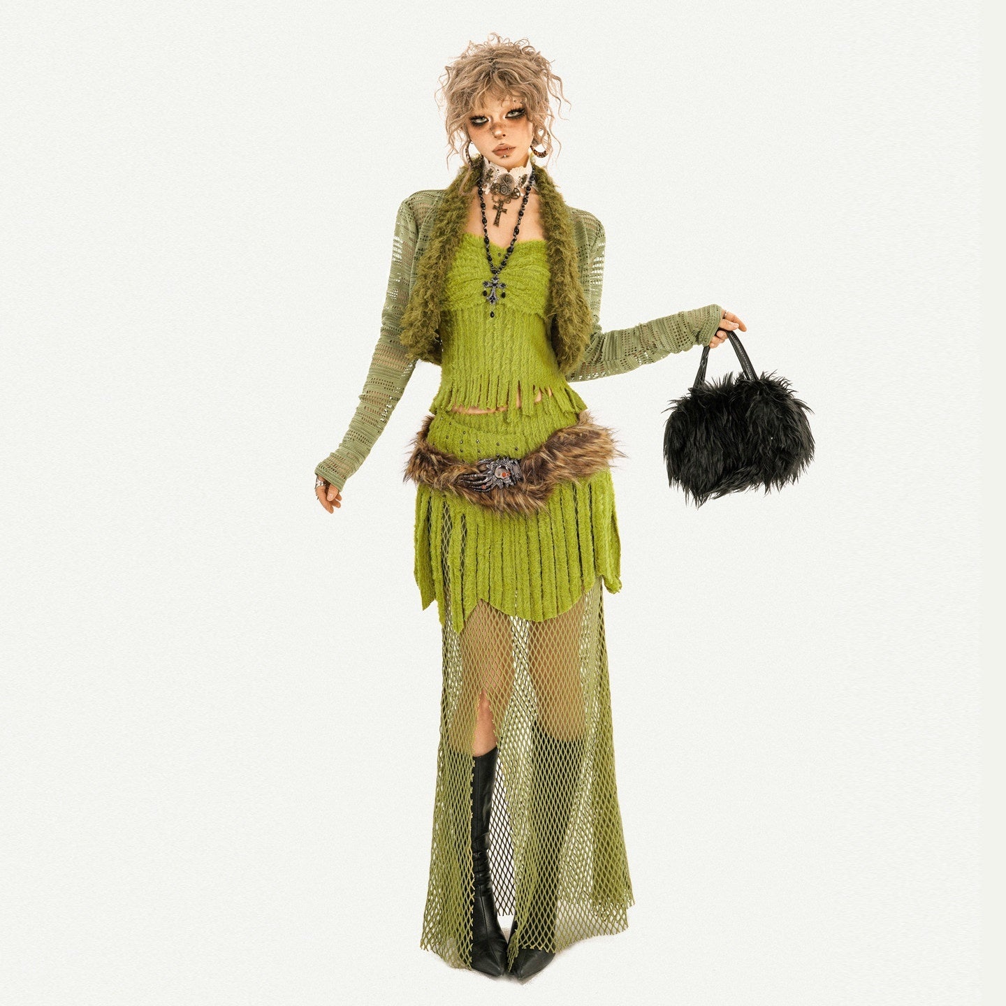 Nico_Molly_Green_Patchwork_Mesh_Fringe_Plush_Bustier_Long_Sleeve_Women's_Top_&_Skirt_Sets_1000053432633_MISSTT
