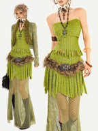 Nico Molly Green Patchwork Mesh Fringe Plush Bustier Long Sleeve Women's Top & Skirt Sets