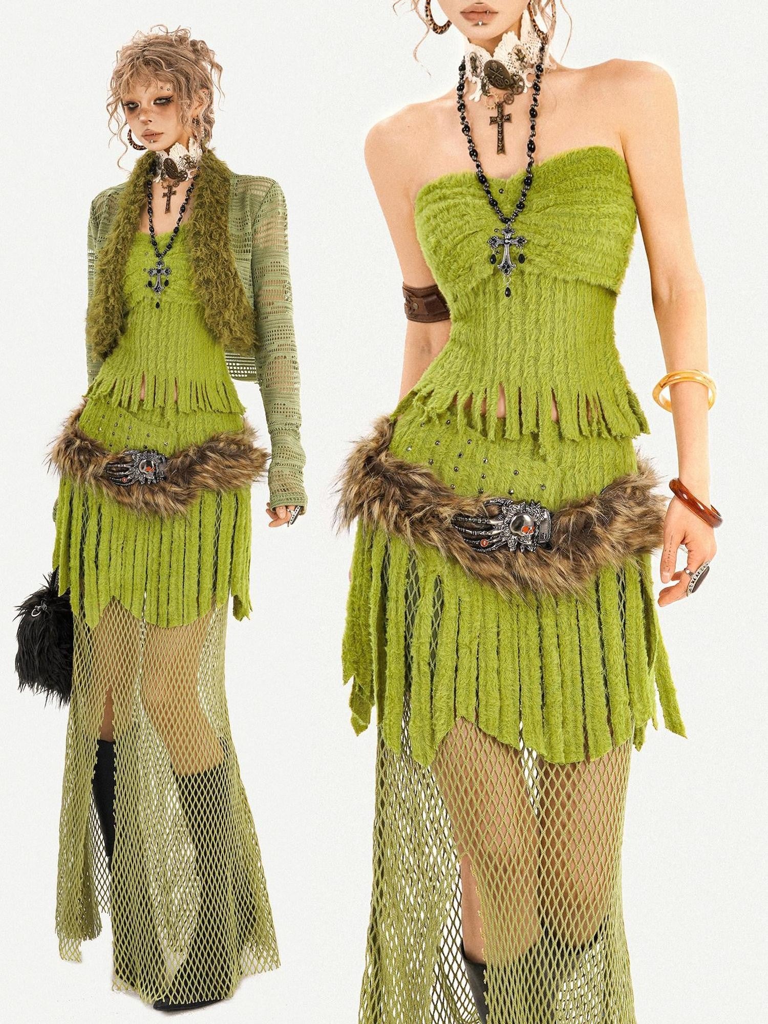 Nico Molly Green Patchwork Mesh Fringe Plush Bustier Long Sleeve Women's Top & Skirt Sets