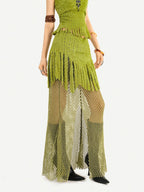 Nico Molly Green Patchwork Mesh Fringe Plush Bustier Long Sleeve Women's Top & Skirt Sets