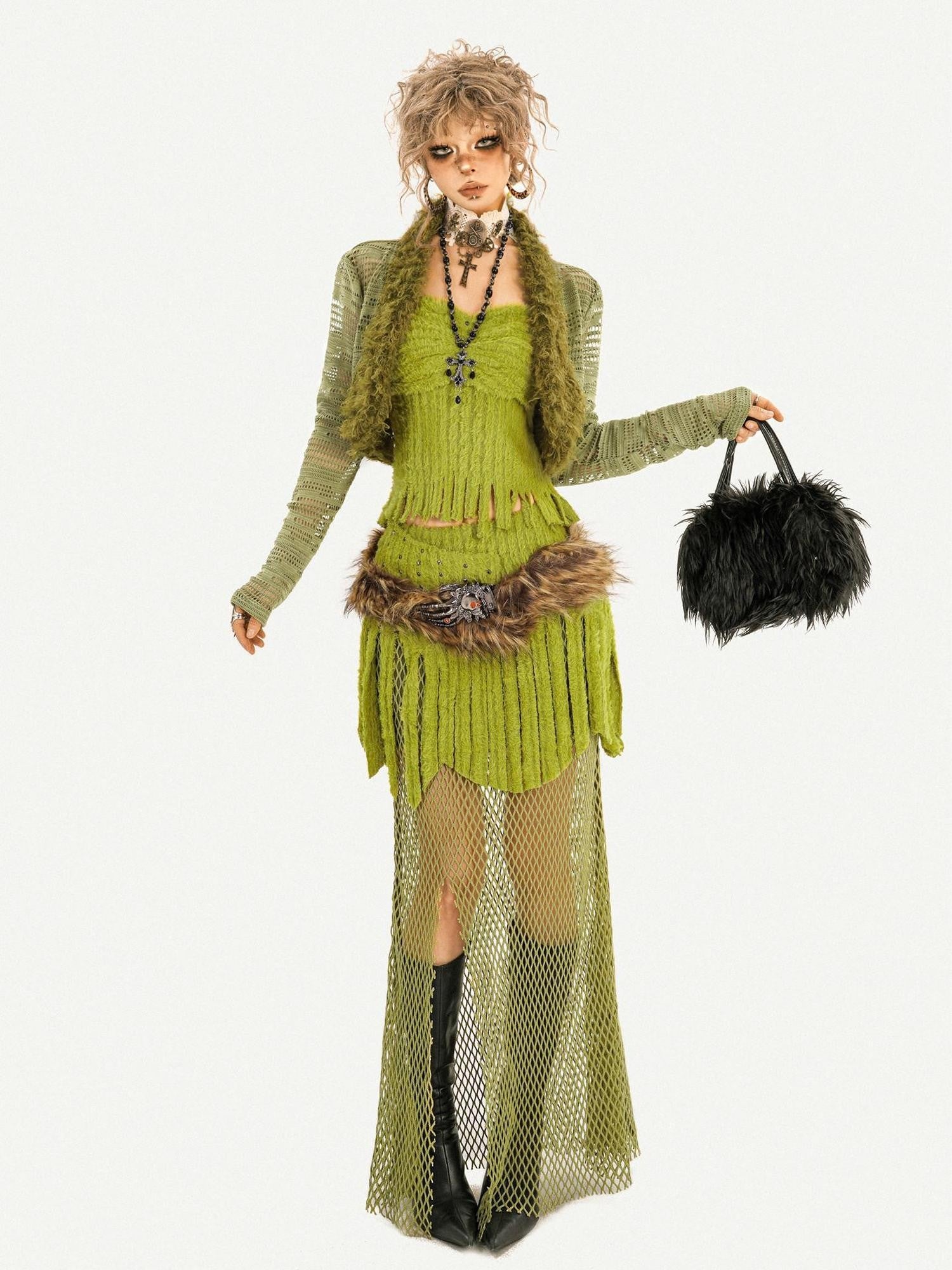 Nico Molly Green Patchwork Mesh Fringe Plush Bustier Long Sleeve Women's Top & Skirt Sets