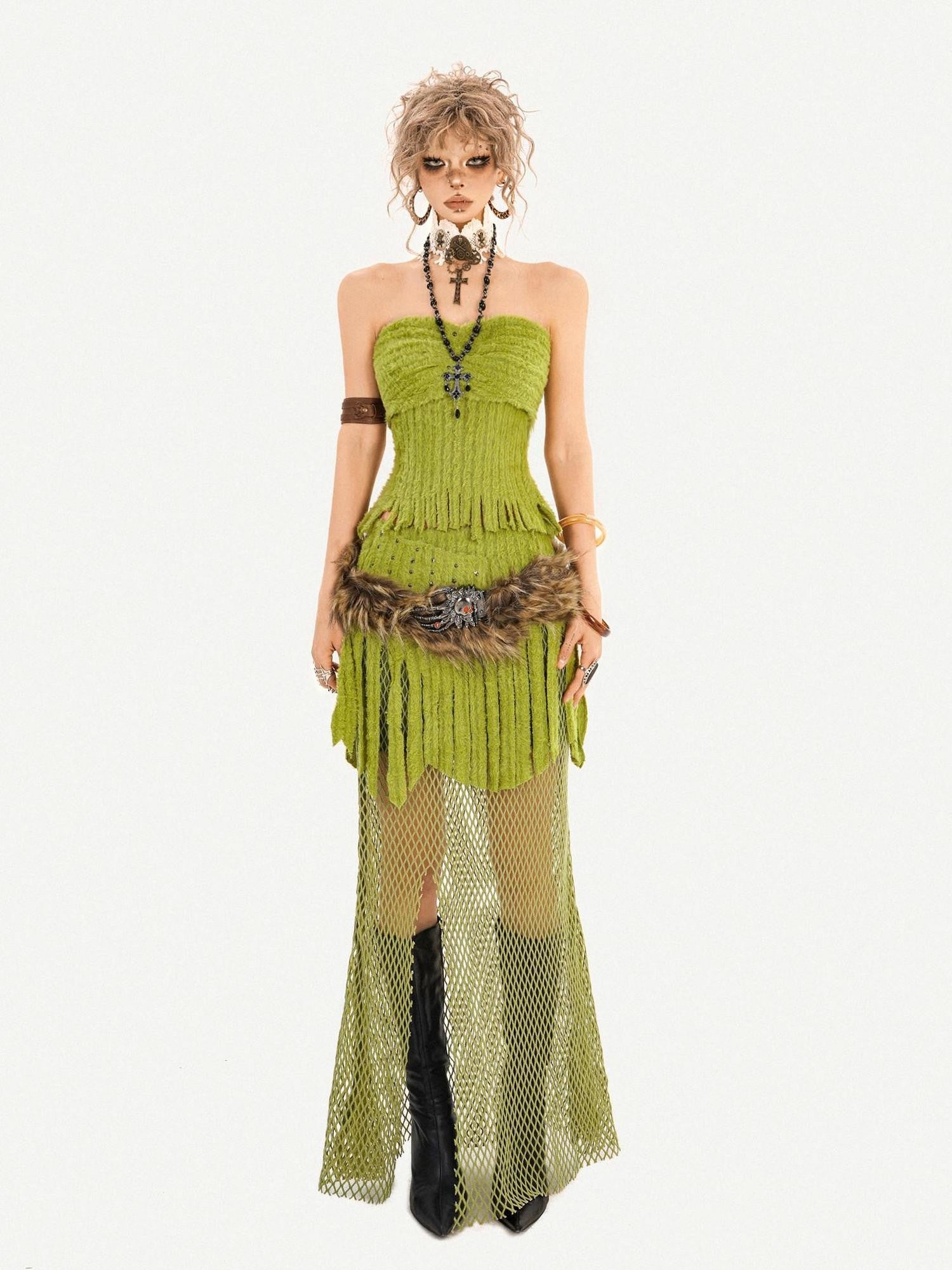 Nico Molly Green Patchwork Mesh Fringe Plush Bustier Long Sleeve Women's Top & Skirt Sets