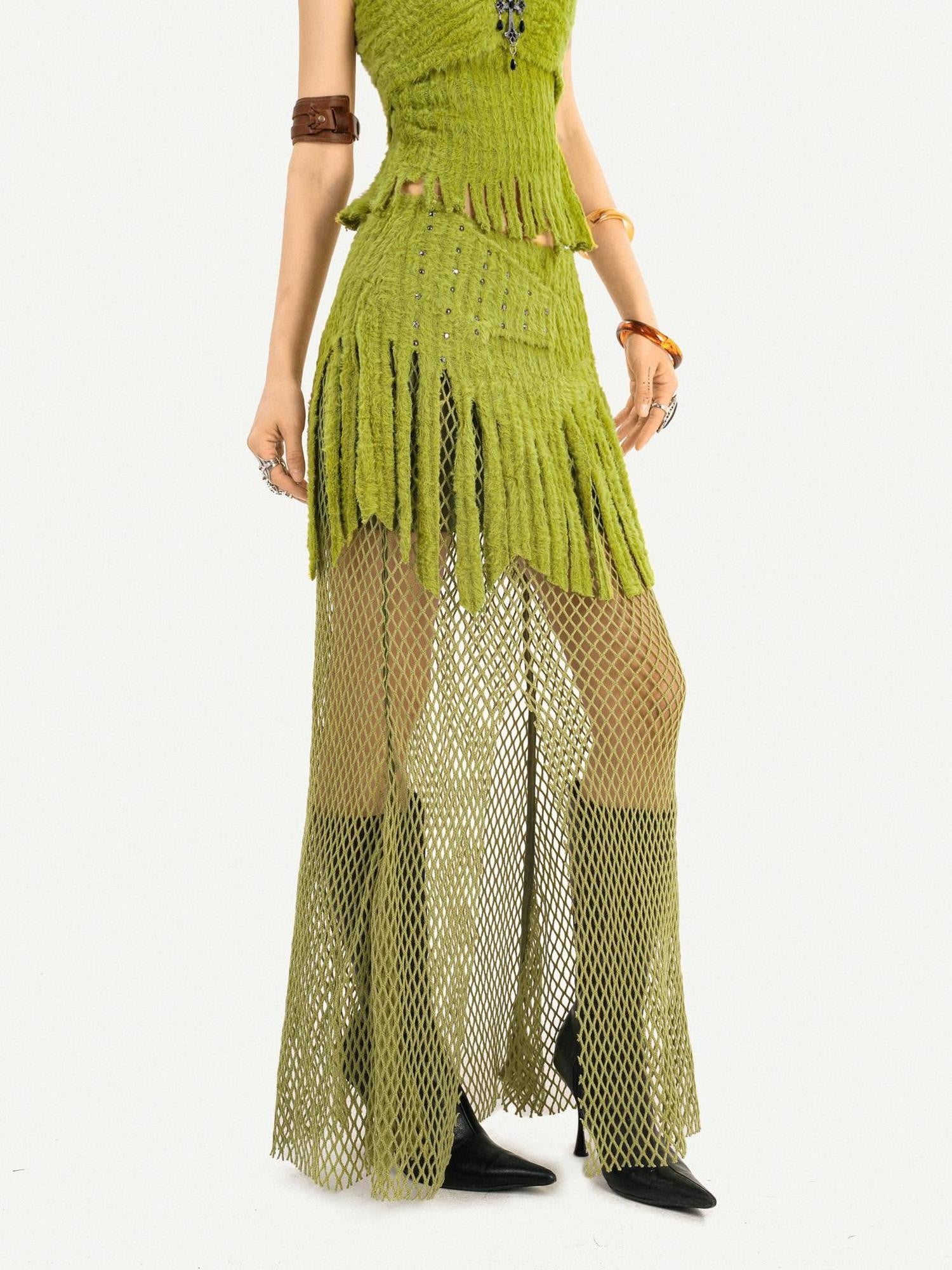 Nico Molly Green Patchwork Mesh Fringe Plush Bustier Long Sleeve Women's Top & Skirt Sets