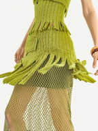 Nico Molly Green Patchwork Mesh Fringe Plush Bustier Long Sleeve Women's Top & Skirt Sets