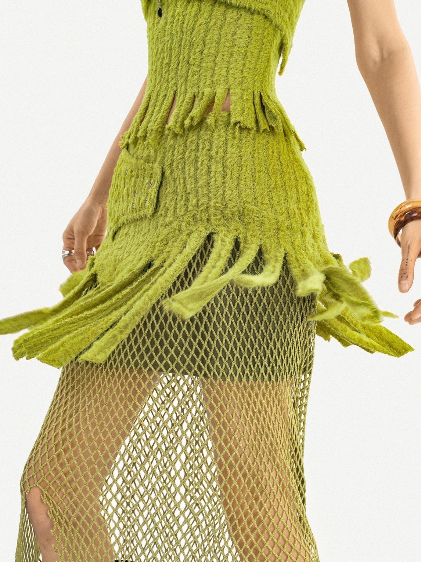 Nico Molly Green Patchwork Mesh Fringe Plush Bustier Long Sleeve Women's Top & Skirt Sets