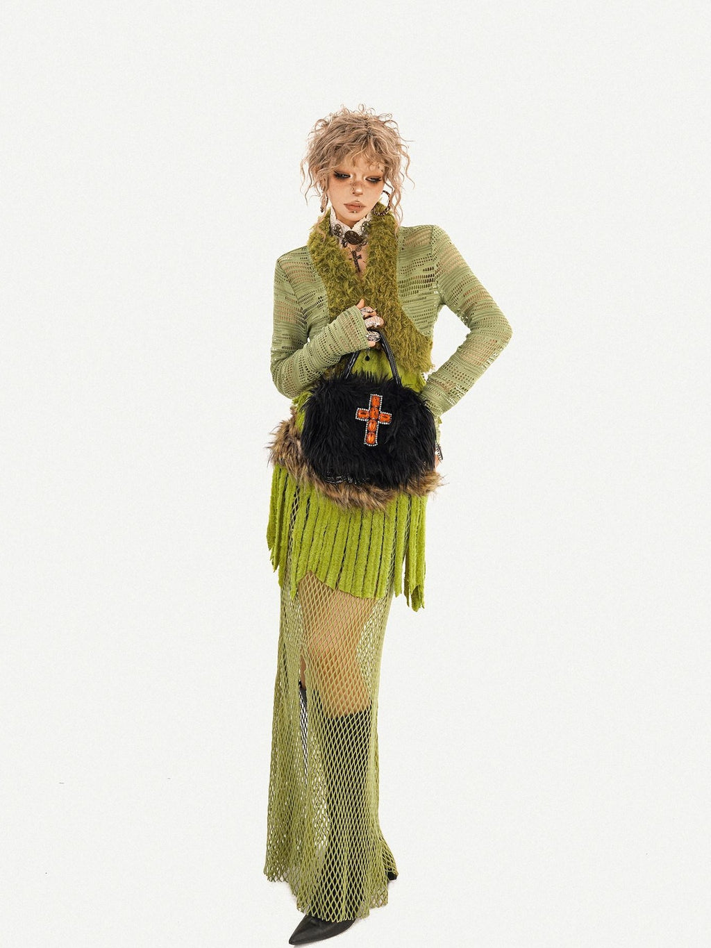 Nico Molly Green Patchwork Mesh Fringe Plush Bustier Long Sleeve Women's Top & Skirt Sets