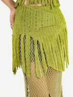 Nico Molly Green Patchwork Mesh Fringe Plush Bustier Long Sleeve Women's Top & Skirt Sets