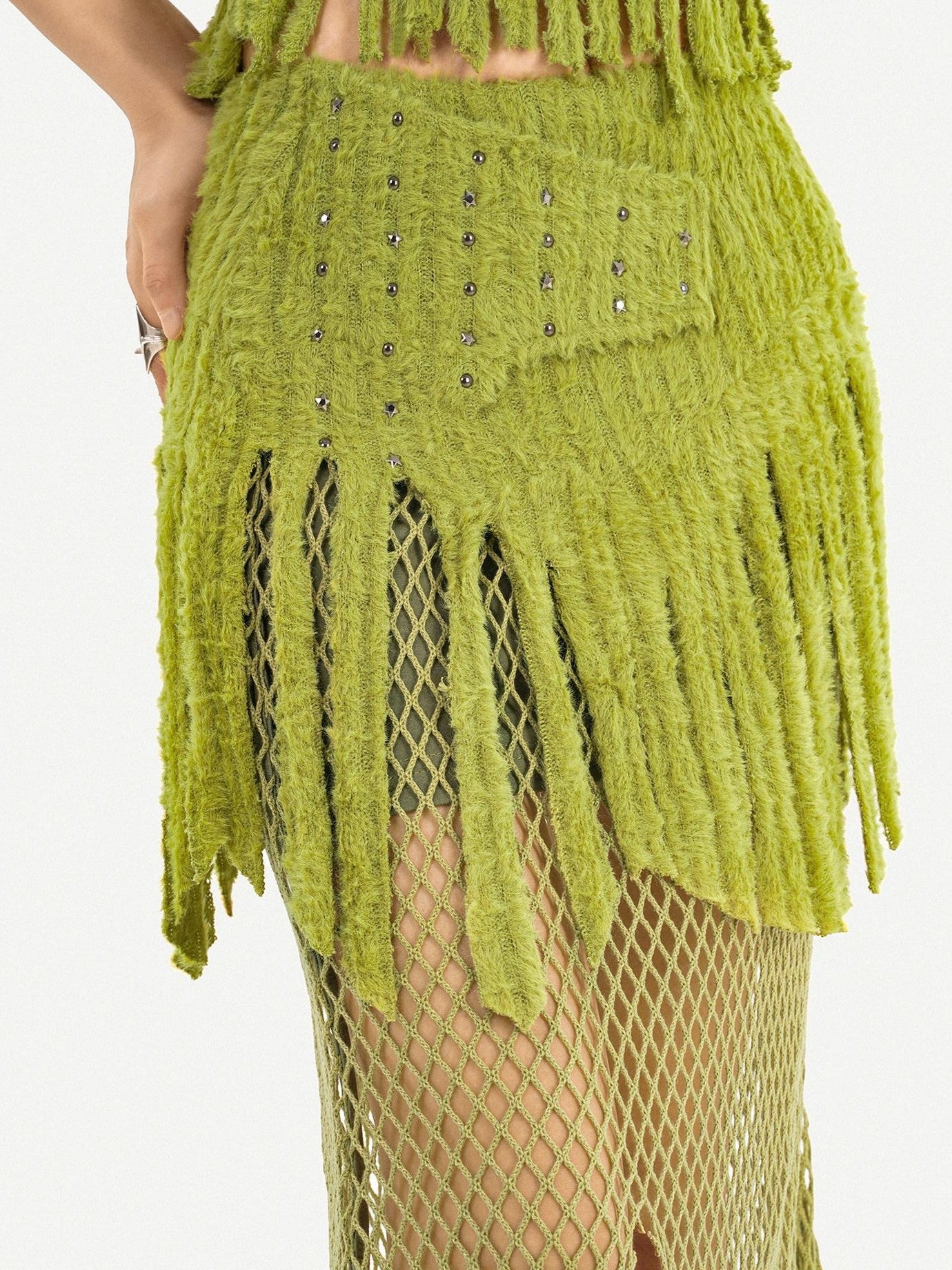 Nico Molly Green Patchwork Mesh Fringe Plush Bustier Long Sleeve Women's Top & Skirt Sets