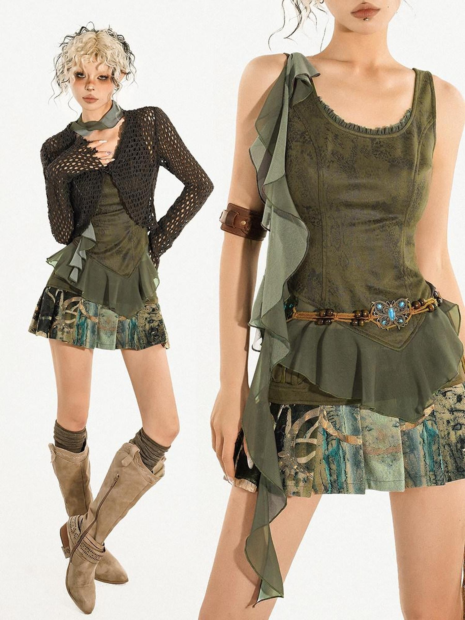 Nico Molly Green Ribbon Tie Zipper Slim Fit Slimming Sexy Women's Tank Tops