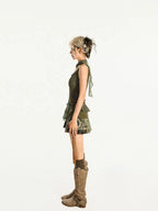 Nico Molly Green Ribbon Tie Zipper Slim Fit Slimming Sexy Women's Tank Tops