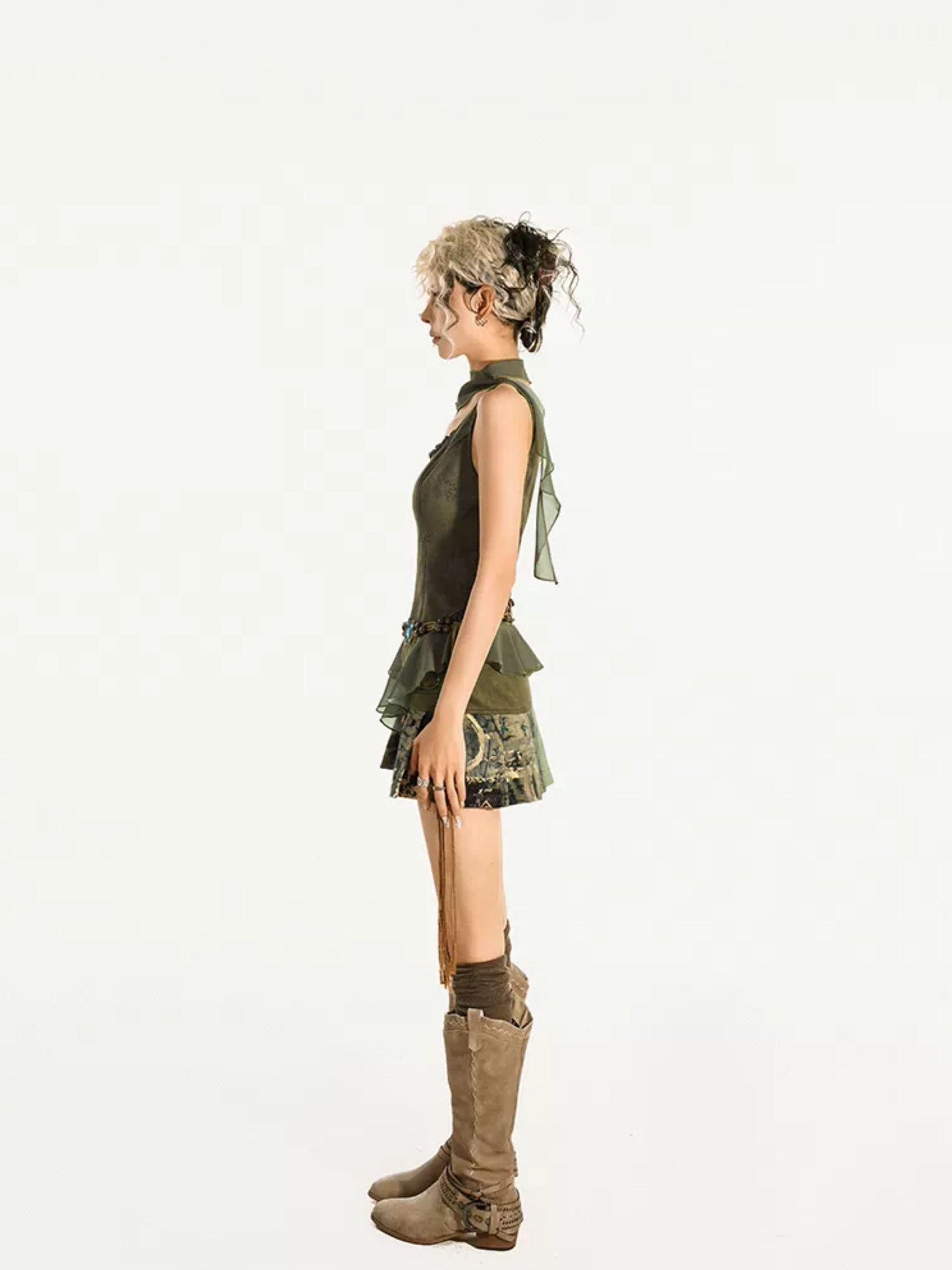 Nico Molly Green Ribbon Tie Zipper Slim Fit Slimming Sexy Women's Tank Tops