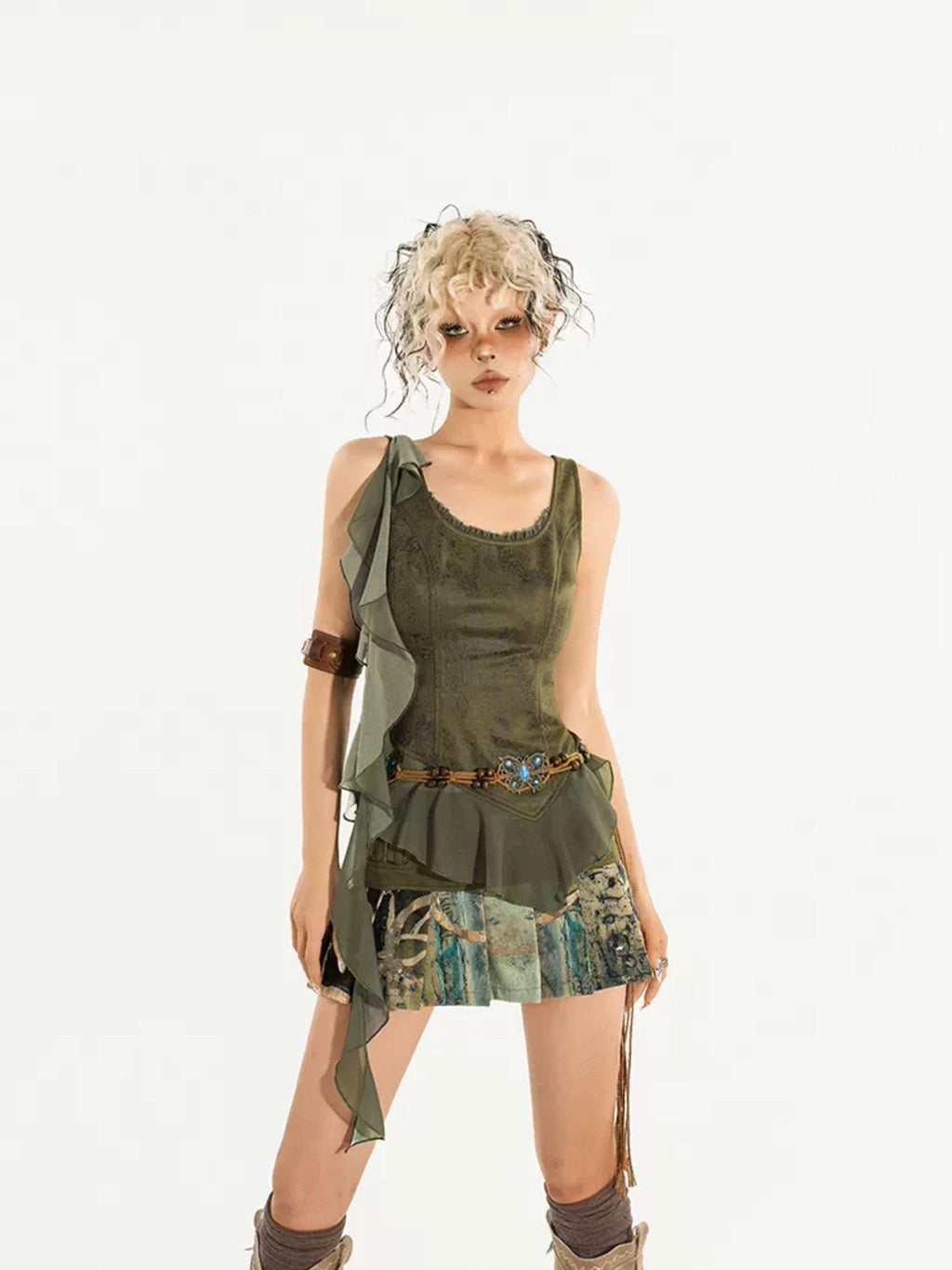 Nico Molly Green Ribbon Tie Zipper Slim Fit Slimming Sexy Women's Tank Tops