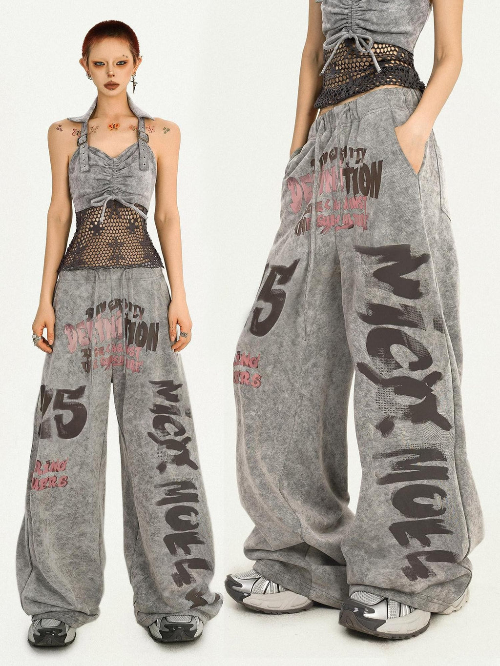 Nico Molly Grey Letter Print Retro Vintage Pocket Elastic Waist Women's Wide-leg Pants