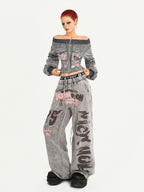 Nico Molly Grey Letter Print Retro Vintage Pocket Elastic Waist Women's Wide-leg Pants