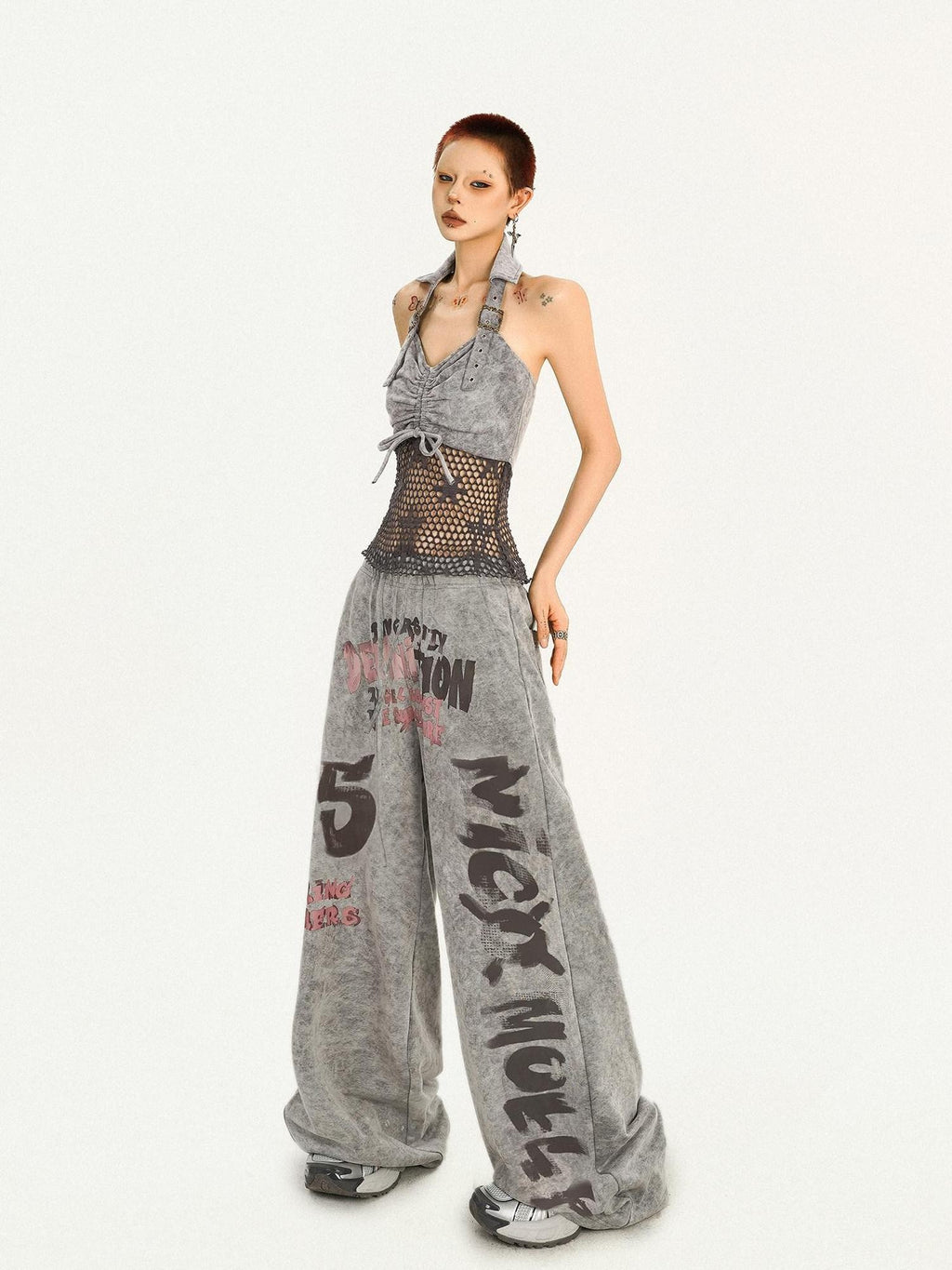 Nico Molly Grey Letter Print Retro Vintage Pocket Elastic Waist Women's Wide-leg Pants